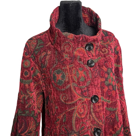 Habitat XL Red Tapestry Jacquard Jacket Artsy Boho Button Front Stand Collar - Picture 2 of 13